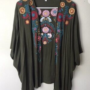 Umgee M L Olive Green Kimono Embroidered Open Front